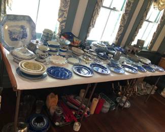 Antique Blue & White Transferware, Flow Blue, Spongeware, Brass Chandelier, Candles