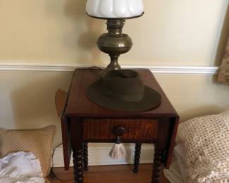 Antique Single Drawer, Drop Leaf, Turned Leg Side Table, Lamp