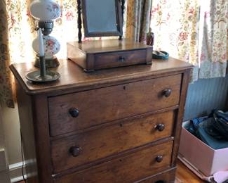 Antique Chest of Drawers, Shaving Mirror, Lamp