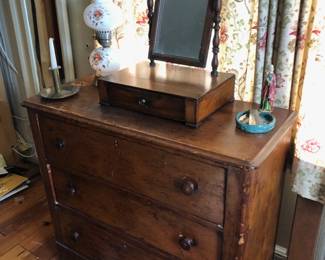 Antique Chest of Drawers, Shaving Mirror, Lamp