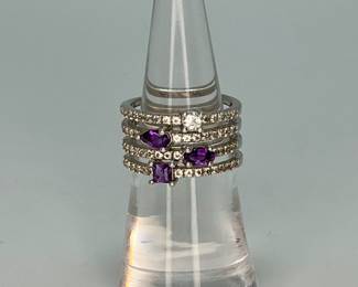 Silver Tone Stacked Look Ring with Purple and Clear Stones