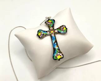 Sterling Silver Snake Chain with Cloissone Cross Pendant