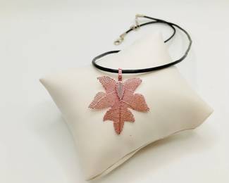 Natural Leaf Rose Gold Colored Pendant on Leather Cord