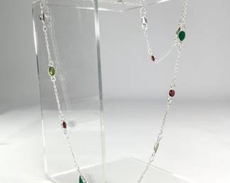 Rhodium Plated Sterling Silver Necklace with Emerald, Garnet, Peridot and Smoky Quartz Stones

