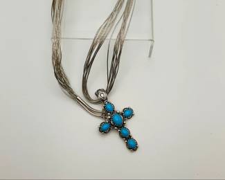 Liquid Silver Necklace with Silver and Turquoise Cross Pendant 