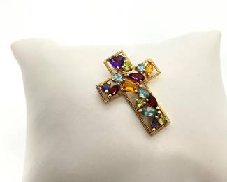 Multi-Gemstone 14K Gold Cross Pendant
