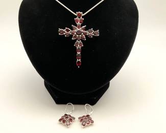 Sterling Silver Necklave with Red Tourmaline Cross Pendant and Coordinating Earrings