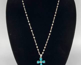 Fine Silver Necklave with Turquoise and Sterling Silver Cross Pendant