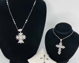 Sterling Silver and Rhinestone/Glass Stone Cross Necklaces