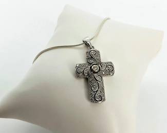 Sterling Silver Necklace with Cross Pendant with Diamond Center Stone