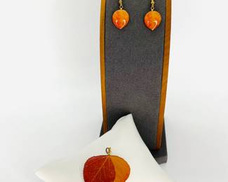 Resin Coated Leaf Pendant and Earrings