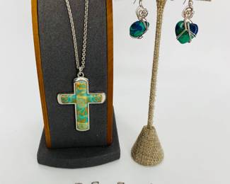 Silver Tone Necklace with Cross Pendant, Wire Wrapped Heart Earrings and More