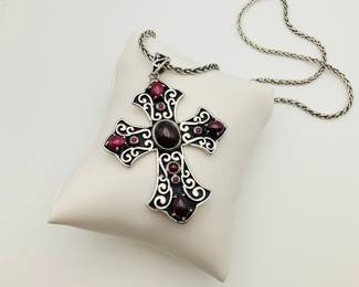 Sterling Silver Necklace with Cross Pendant Containing Tourmaline Stones