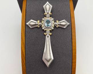 White Gold Plated Sterling Silver and Topaz Cross Pendant

