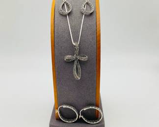 Sterling Silver and Rhinestone Earrings and Pendant on Silver Chain