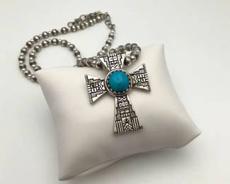 Silver Beaded Necklace with Sterling Silver and Turquoise Cross Pendant