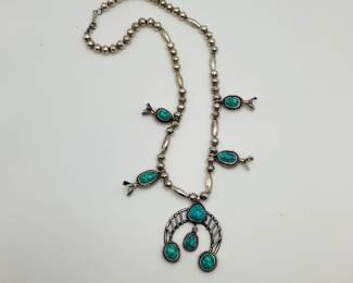 Silver and Turquoise Squash Blossom Necklace
