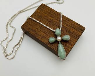 Jadeite and Sterling Cross Pendant on Fine Silver Chain