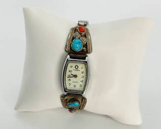 TIMEX Watch with Sterling Silver, Native American Turquoise and Coral Band