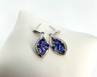 Tanzanite and Diamond Sterling Silver Teardrop Earrings