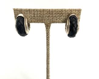 Sterling SIlver and Braided Black Leather Hoop Earrings