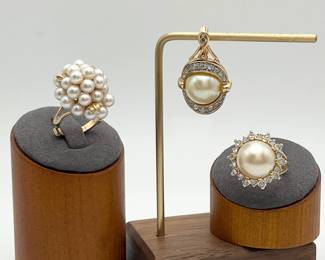Gold-Plated Pearl and Rhinestone Rings and Pendant