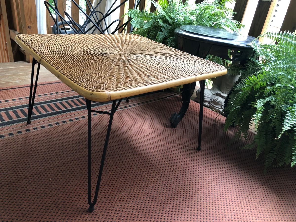 Handmade Rattan Coffee Table with antique hairpin legs ending in rubber ball feet!  