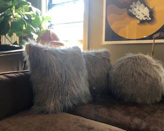 Hand sewn Fishman fabric faux feather pillows.  Blue/Gray color tone, soft texture, non-shedding MCM fashion down filled inserts.