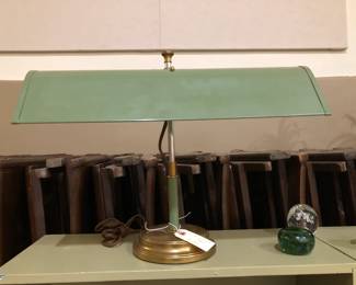 MCM Brass and vintage green hooded desk lamp.  Fabulous Adjustable/Swivel Perfect Condition!