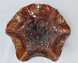 Lot 025   3 Bid(s)
Millersburg Hanging Cherries Carnival Glass Ruffled Amethyst Bowl