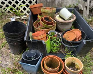 Many clay and plastic pots around the property 