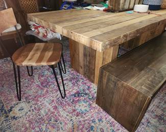 Reclaimed wood table and 2 benches, 2 chairs