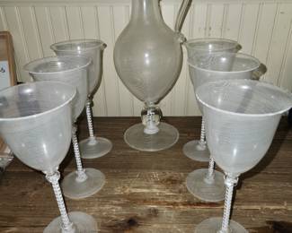 Cenedese/Scarpa Murano White Threaded Filligrana Wine Goblets and pitcher