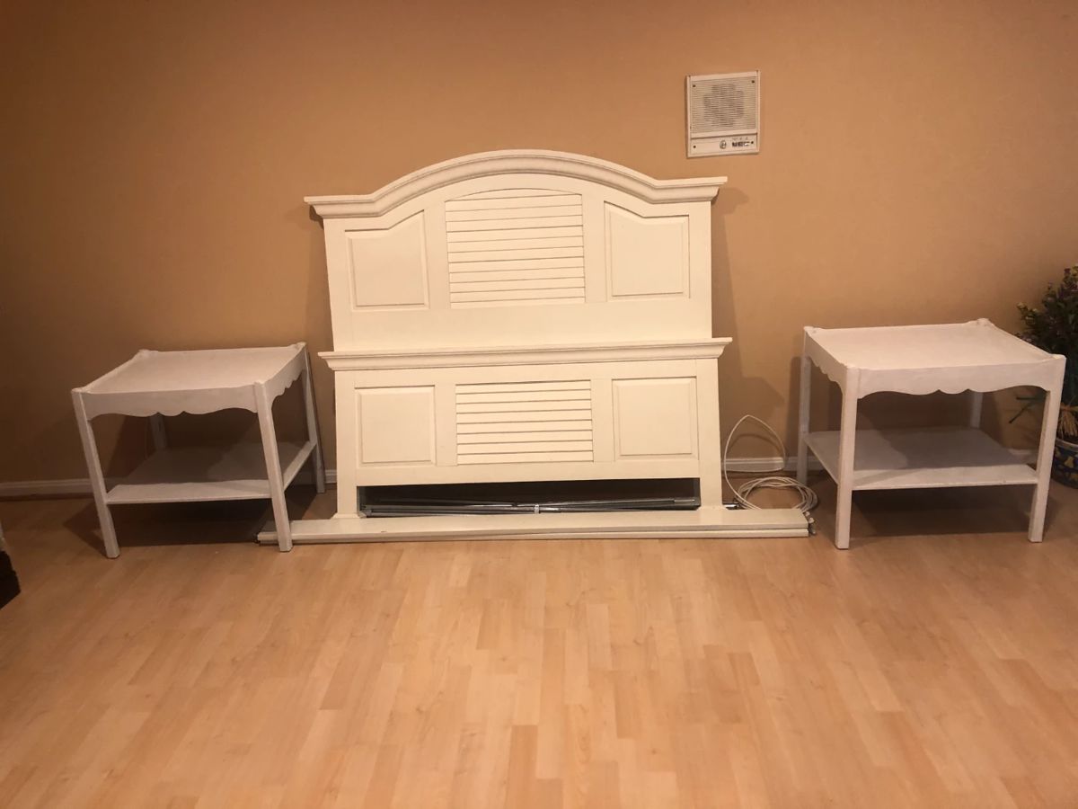 Pottery Barn Head and Footboard with two night side tables.  Double bed size