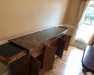 Buffett 80" L X 19" W X 38 1/2 Tall Two ends that pull out for hot items Drawer for Silver and serving pieces slots for platters and other storage