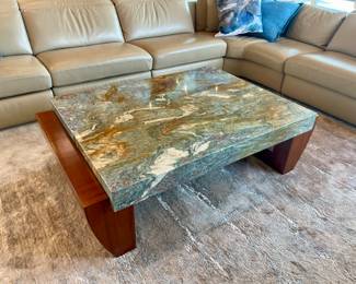 Custom solid mahogany Lodge table by Serban Furniture, W/Blue Louise Stone Slab.. 