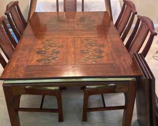 Vintage Chippendale Table with 5 Cane Back Chairs, 1 Captain Chair, 2 Leaves, Bassett Furniture 1975