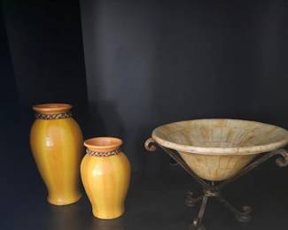 Pottery vases and bowl on wrought iron stand