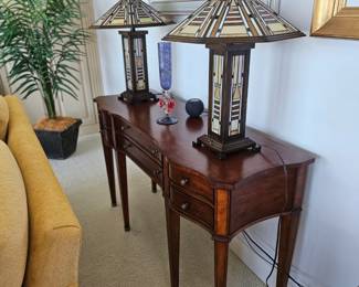 Traditional console table with Mission Style stained glass lamps