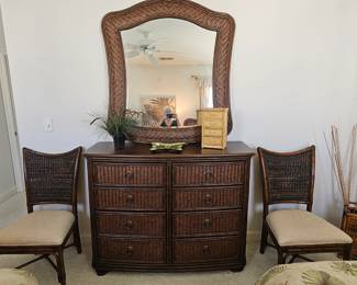 Rattan eight drawer dresser and mirror with rattan side chairs