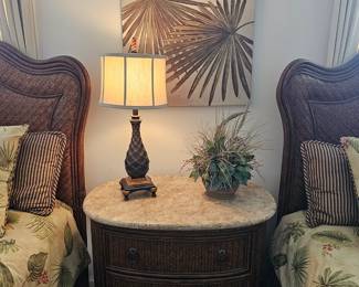 Oval rattan nightstand with 3 drawers and marble top