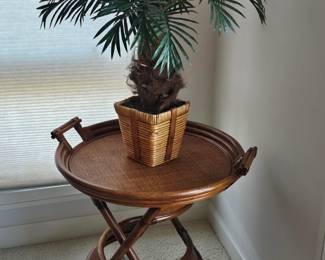Rattan and bamboo serving tray on stand