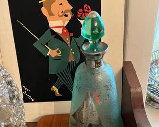 mid century bar art - frosted liquor decanter and glasses
