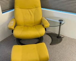 Yellow leather chair/ottoman with matching table with USB plug