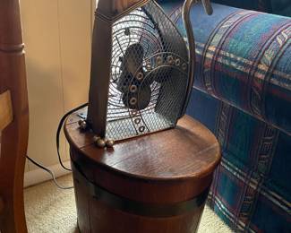 Antique Oak Wooden Bucket with lid and Cat Fan that needs a little TLC