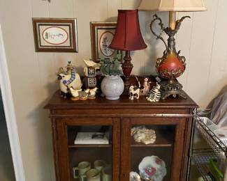 Small Oak Curio Cabinet full of decoratives