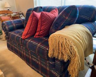 Settee by Lazy Boy, fabric is blue, red, gold