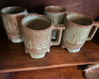 Four Frankoma Road Runner Coffee Cups