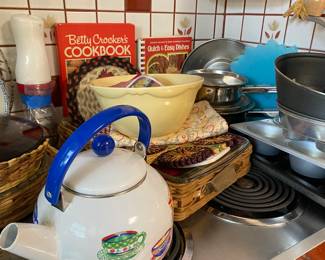 Kitchen items, pots, pans and serving pieces