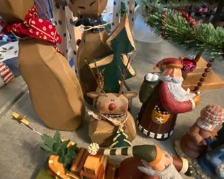 Hand Carved Wooden Reindeer and Trees 